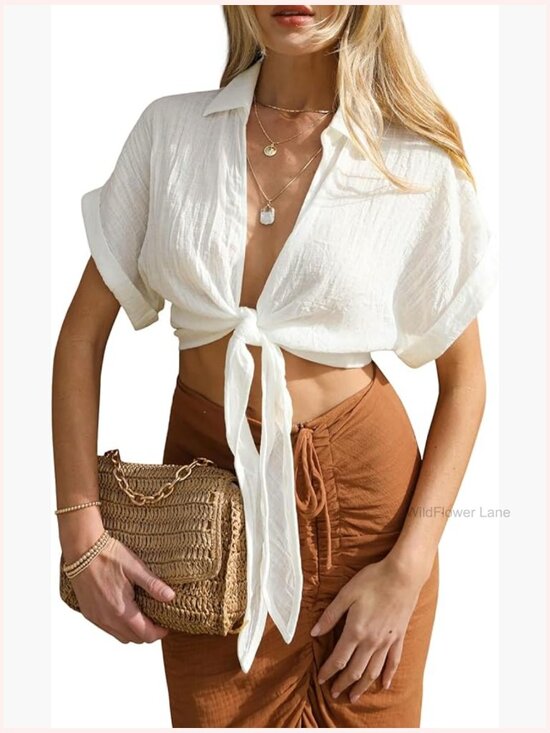 Tops - Crop Top Short Sleeve Deep V Neck Front Tie Casual Blouse Shirt
